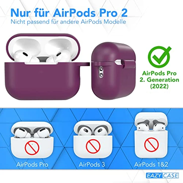 EAZY CASE Schutzhülle für AirPods Pro 2 Violett Silikon Case Stoßfest mit Karabiner als Schlüsselanhänger Antikratz Etui rutschfeste Silikonhülle für Airpod Pro 2. Generation in Lila – Bild 2