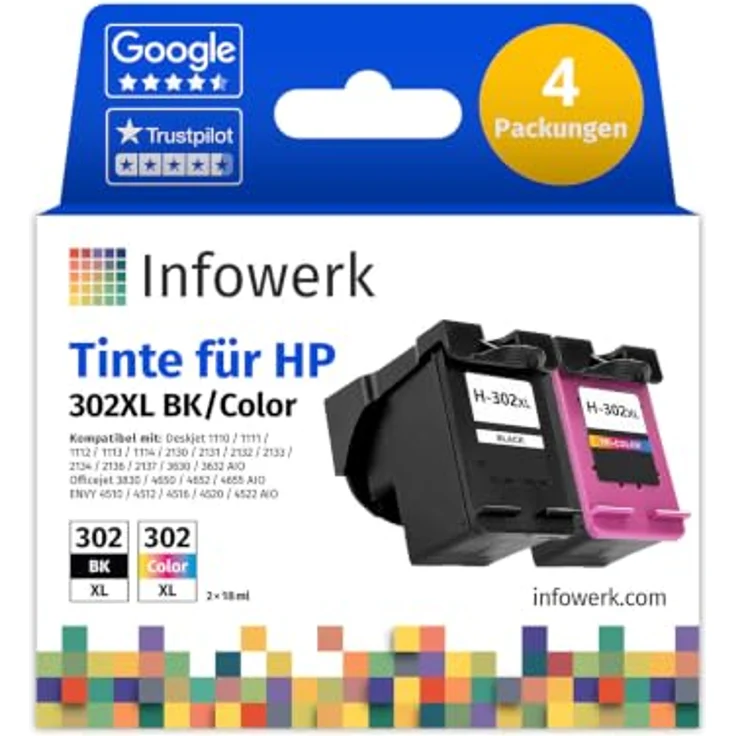 Infowerk Tintenpatrone 302XL, 4-tlg. Set in Schwarz, Cyan, Magenta, Gelb – hohe Druckleistung für HP Drucker – Bild 1
