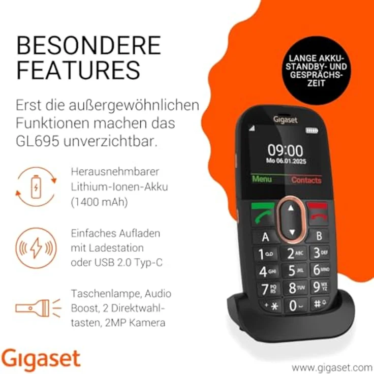 Gigaset GL695 Mobiltelefon – 4G mit Voice over LTE, 2,31" IPS-Display, große Tasten, 1400 mAh Akku, SOS-Notruftaste, Bluetooth 5.0, hörgerätekompatibel, schwarz – Bild 4
