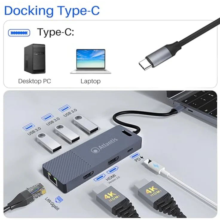 Atlantis Land A04-TC_DK48, Kabelgebundene Dockingstation mit USB 3.2 Gen 1 Type-C, 100 W, 0,18 m, Grau – Bild 4