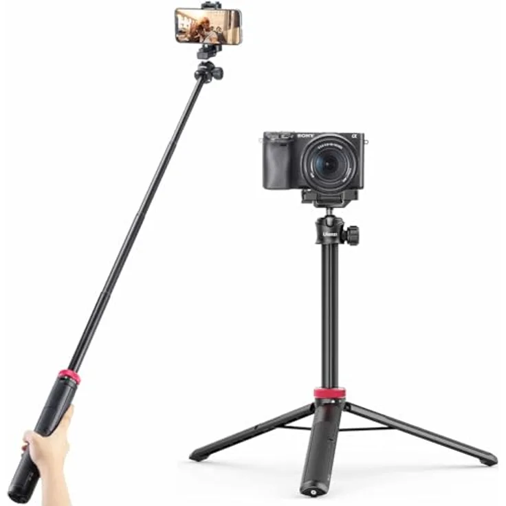 ULANZI MT-44 Selfie Stick Stativ für Telefon und Kamera, max. 146 cm ausziehbar, schwarz/rot, mit Kaltschuhhalterung und vielseitigem Aufnahmewinkel