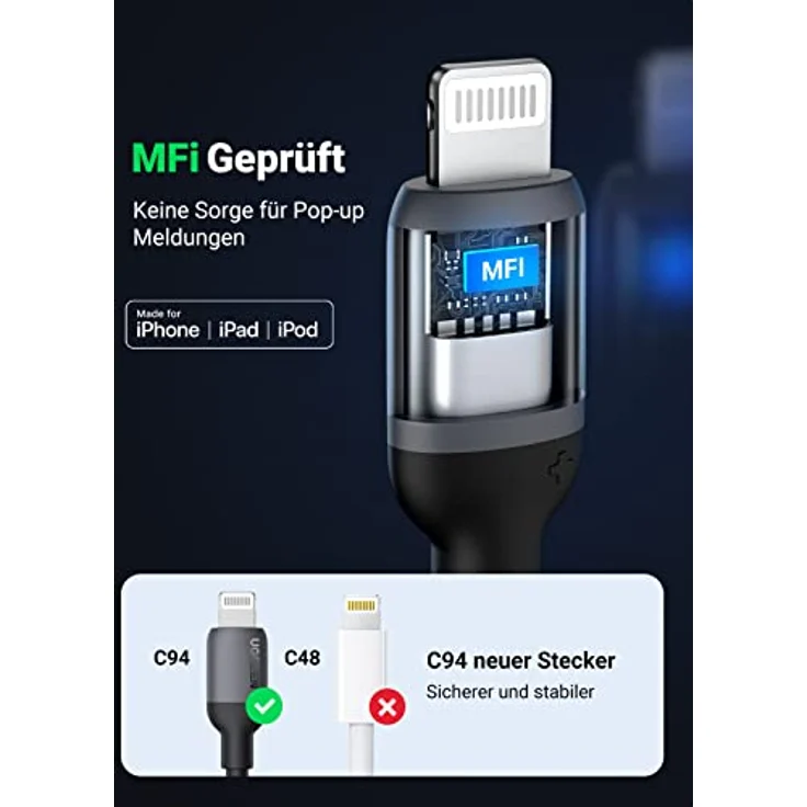 Ugreen USB Typ-C zu Lightning Ladekabel MFI zertifiziert Datenkabel Chip C94 Power Delivery Schnellladekabel Schwarz – Bild 4