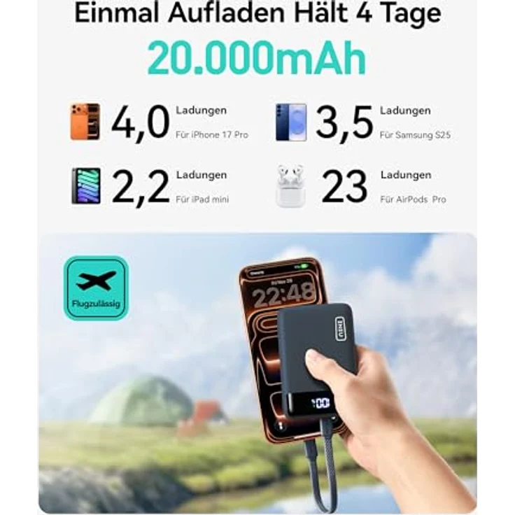 INIU Power Bank Ultra Klein 20000mAh, 22.5W Schnellladefunktion, USB-C In&Out, tragbares Ladegerät für iPhone 17/16/15 Pro, Samsung S25/S24, iPad, Blau – Bild 2