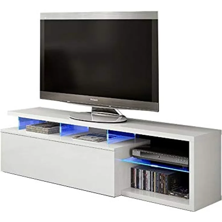 Wohnzimmer-TV-Ständer mit Klapptür und Kristallregalen mit blauem LED-Licht, weiße Farbe, 150 x 43 x 41 cm.