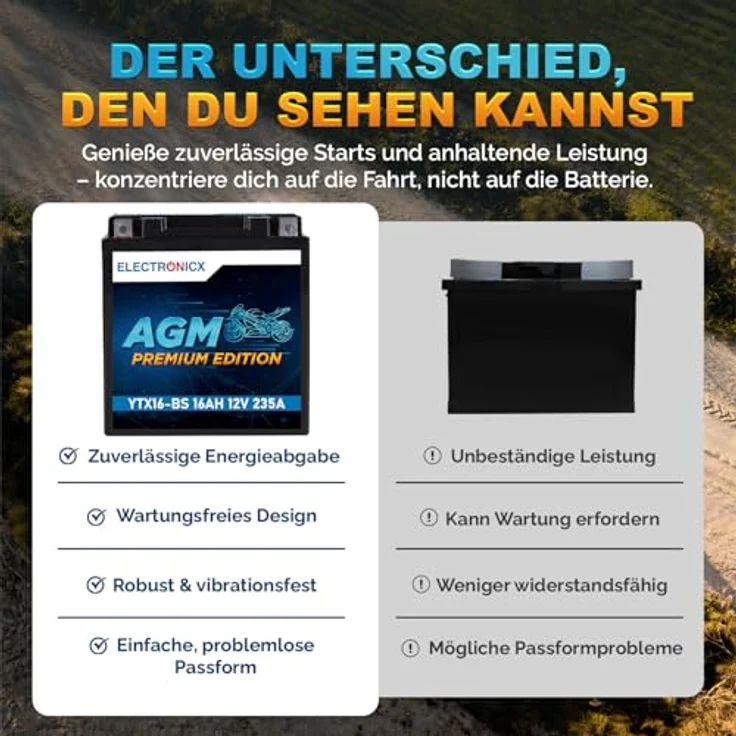 Electronicx YTX16-BS AGM Motorradbatterie 16Ah 12V – wartungsfrei, rüttelfest, auslaufsicher für Motorrad, Roller, Quad und ATV – Bild 7