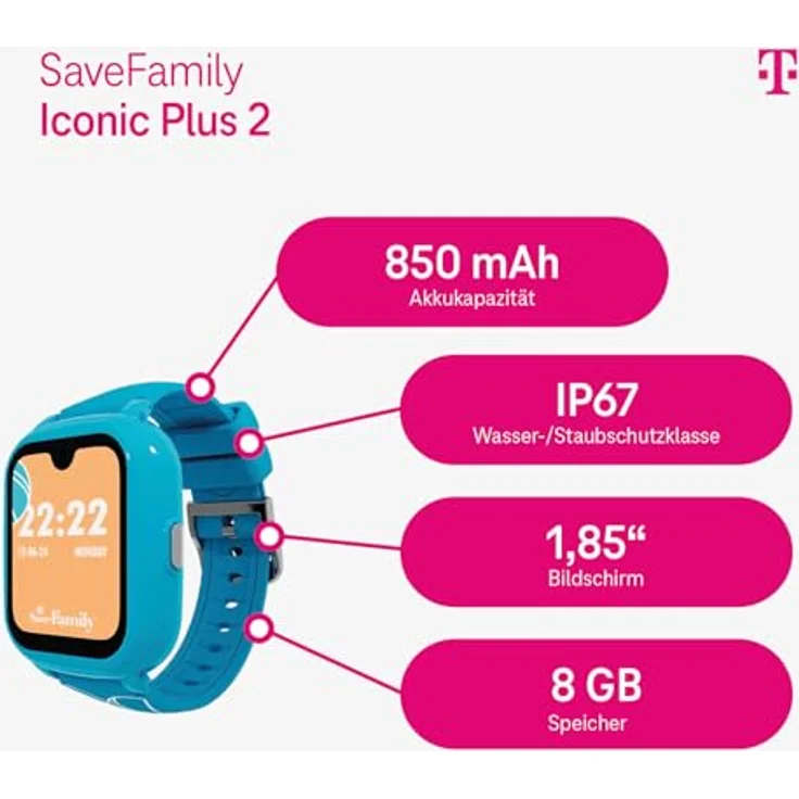 Deutsche Telekom SaveFamily Iconic Plus 2.0 Kinder-Smartwatch, GPS, Telefonfunktion, wasserdicht, 8 GB ROM, SOS, Eltern-App, 30 € Amazon-Gutschein nach Registrierung – Bild 2