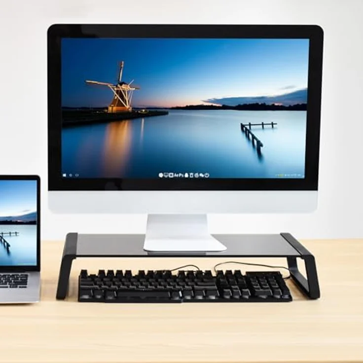 SVITA ANSAN Monitorständer Monitorerhöhung Schreibtisch Computertisch Glas Schwarz - Platzsparende Bildschirmerhöhung mit großer Stauraum und stabilem Design – Bild 2