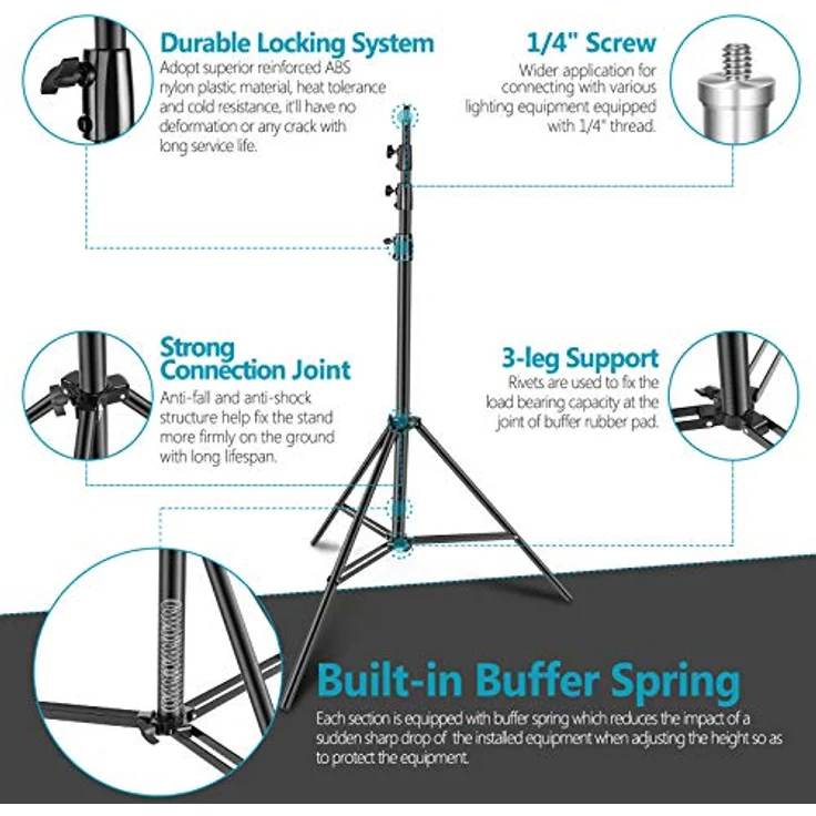 NEEWER Heavy Duty Light Stand 13ft/4m, verstellbares Fotografie Stativ mit Federkissen und 1/4" Schraube, maximale Belastung 22lb/10kg, schwarz – Bild 3