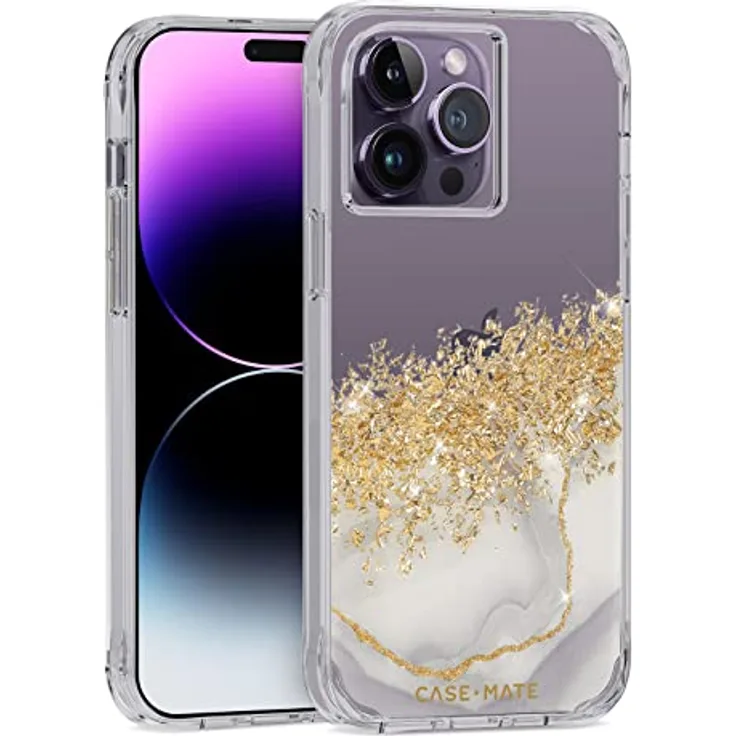 Case-Mate Karat Marble Case Schutzhülle kompatibel mit Apple iPhone 14 Pro Max Hülle Gold [Stoßfest | Echtes 24 Karat Blattgold | 3 m Fallschutz | Recyceltes Material] - Marmor/Transparent