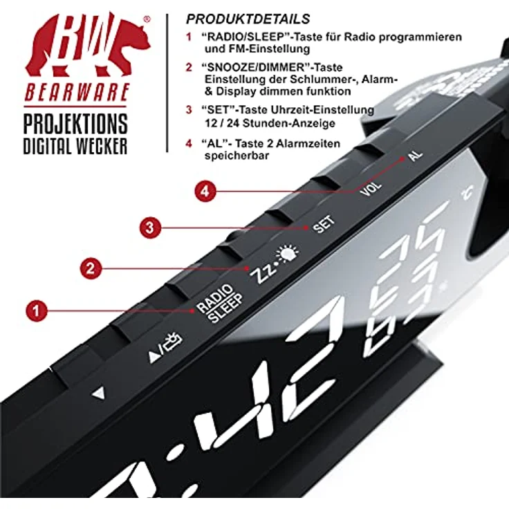 CSL - Radiowecker digital – Projektionswecker – 7 Tasten – 2 Alarme – Projektion und Licht – Autodimmer - 15 FM Radiospeicher – Temperatur und Luftfeuchtigkeitsanzeige - mit Netzteil – Bild 3