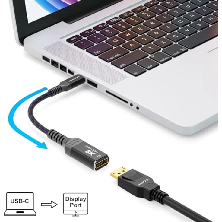 deleyCON 8K USB-C auf DisplayPort Adapter, Aluminium, 8K@60Hz / 4K@120Hz, für iPhone 17/16/15 Pro Max Air, MacBook, Black/Blue – Bild 3