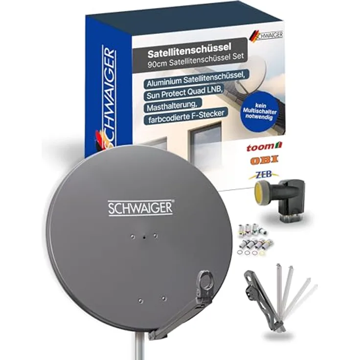 SCHWAIGER 4609 XXL Satelliten-Set, Aluminium Satellitenschüssel 88 x 88 cm mit Quad LNB, 4-Teilnehmer-Anlage, anthrazit
