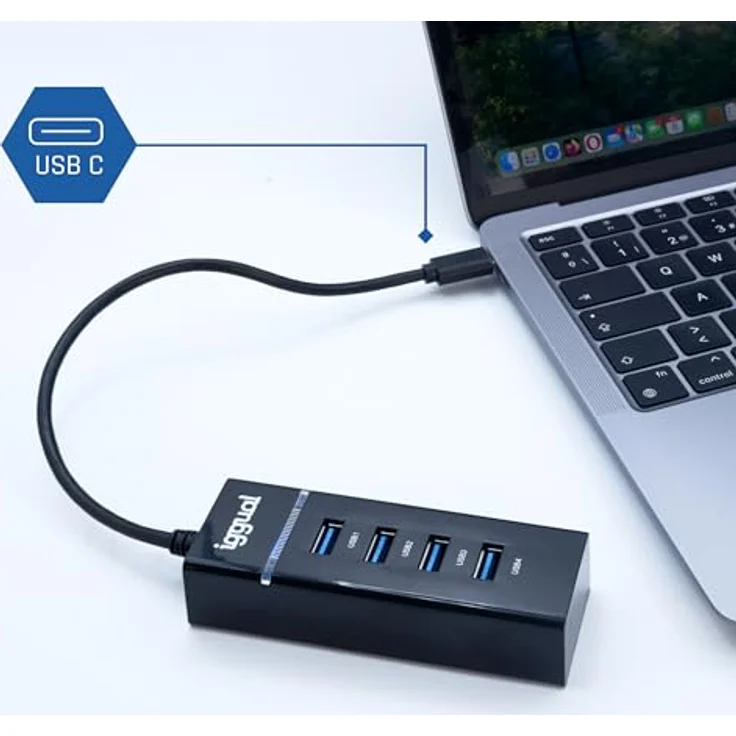 iggual USB-C-Hub mit 4 USB-3.0-Anschlüssen, Typ-C-Adapter, Blaue LED-Anzeige, Sicherungsschutz, 30 cm Kabel, kompatibel mit MacBook Pro/Air, iPhone und Galaxy – Bild 3