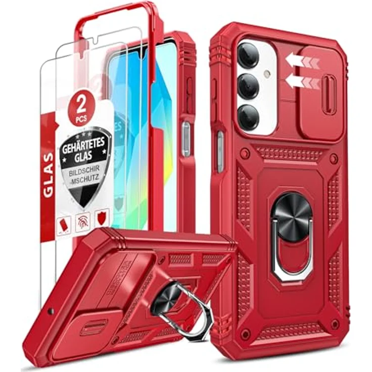 LeYi Kameraschieber Hülle für Samsung Galaxy A16 5G, Militärschutz Cover mit Schiebekamera Abdeckung, rot, inkl. 2 Displayschutzfolien, Stoßfest und drehbarem Metallring – Bild 1
