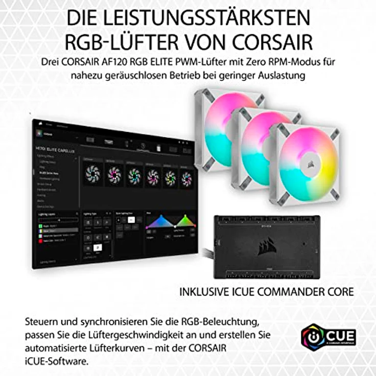 Corsair iCUE H150i Elite CAPELLIX XT Flüssig-CPU-Kühler - DREI AF120 RGB Elite-Lüfter - 360-mm-Radiator - Intel LGA 1700, 1200, 115X, 2066, AMD AM5, AM4 - Inklusive iCUE Commander CORE - Weiß – Bild 3
