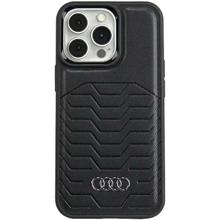 Audi Synthetic Leather Hülle für iPhone 15 Pro 6.1", Hartschalenkoffer aus TPU/Kunstleder, Schwarz
