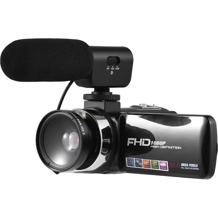 Lixada FHD 1080P Digital-Videokamera, Camcorder mit 30 MP, 18-fachem Digitalzoom, 3,0-Zoll-Bildschirm, Autofokus, Gesichtserkennung, Verwacklungsschutz, inkl. 2 Batterien, Fernbedienung, Kamerahalter, externem Mikrofon und 0,45-fachem Weitwinkelobjektiv