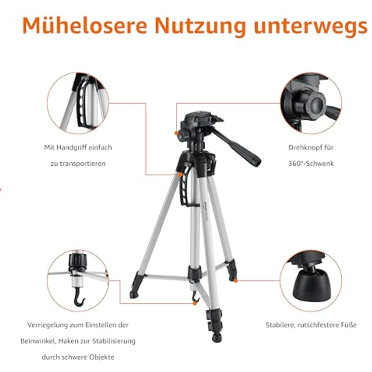 AmazonBasics Leichtes Stativ, bis 1,52 m, inkl. Tasche, mit 3-Wege-Schwenkkopf und Wasserwaage – Bild 3