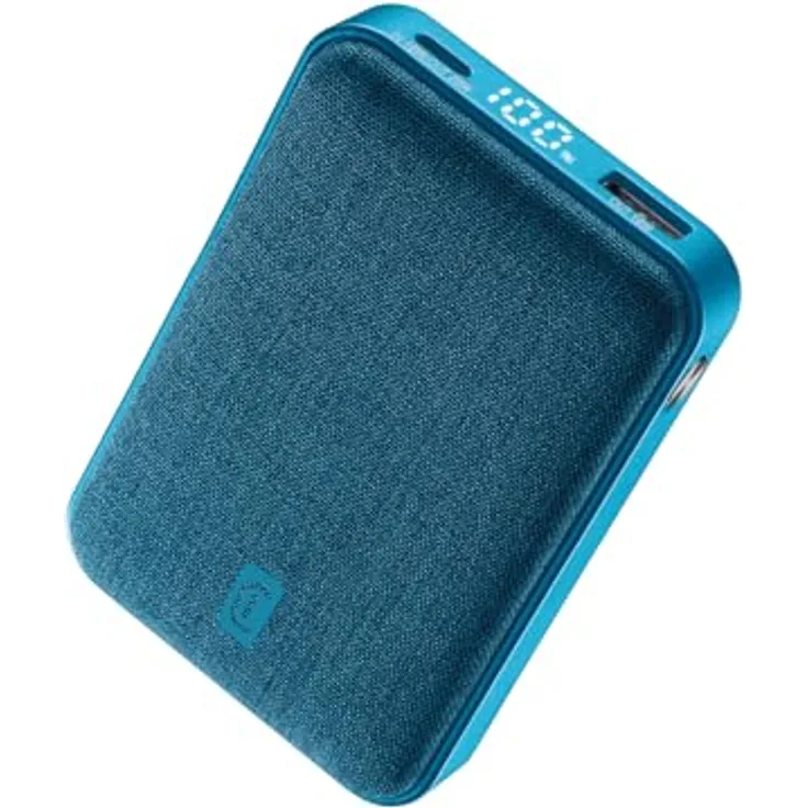Cellularline Power Bank Glam 10000 – 10000mAh Powerbank mit LCD-Display, 3 Anschlüsse (USB-C Eingang/Ausgang 18W, USB Ausgang 18W), Stoffveredelung, für Smartphones - Blau