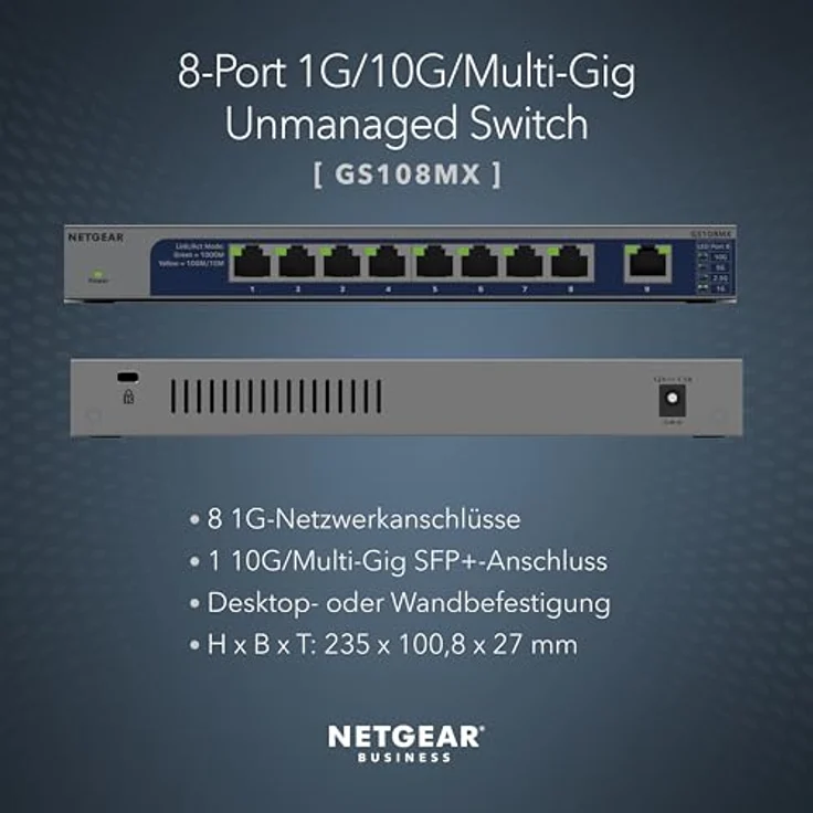 Netgear GS108MX, 9-Port Netzwerk Switch mit 10G/Multi-Gig-Ethernet-Port, lüfterlosem Metallgehäuse, grau – Bild 2