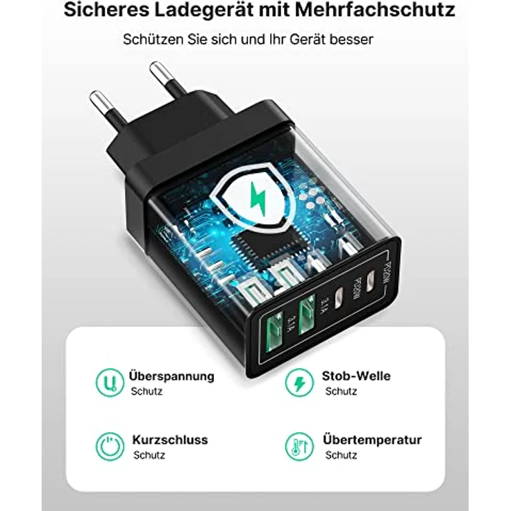 Aioneus 2-Pack USB C Ladegerät, 40W 4-Port Adapter mit PD 3.0, Schnellladegerät für iPhone und Samsung, Weiß – Bild 4