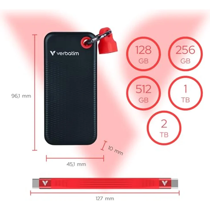 Verbatim Pocket SSD, 256GB externe SSD mit USB 3.2 Gen 2, Schwarz / Rot – Bild 2