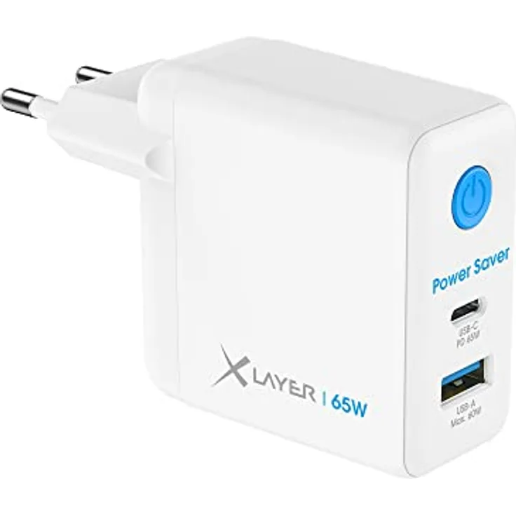 XLayer Power Saver 65W USB C Ladegerät PD Netzteil Knopfdruck Schnellladegerät mit Strom-Stopp-Funktion GAN Technologie Fast Charger Adapter MacBook/Pro/Air, iPhone, iPad, Galaxy, Huawei, Lenovo, Dell