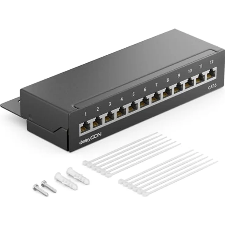 deleyCON CAT 6 Patchpanel Verteilerfeld 12 Port - Desktop / Wandmontage - geschirmt - 12x RJ45 Buchse - TIA568A / TIA568B - Schwarz – Bild 2