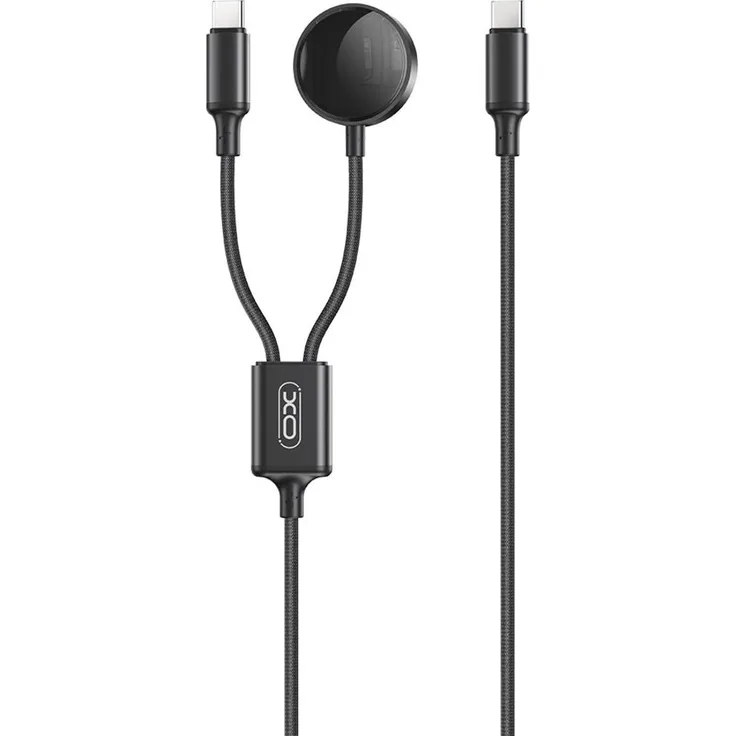 XO CX030, Kabelloses 2-in-1-Ladegerät für Apple Watch mit USB-C-auf-USB-C-Kabel, Schwarz, langlebige Nylonummantelung und magnetischer Induktionsladen