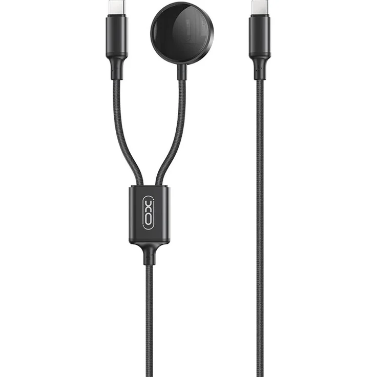 XO CX030, Kabelloses 2-in-1-Ladegerät für Apple Watch mit USB-C-auf-USB-C-Kabel, Schwarz, langlebige Nylonummantelung und magnetischer Induktionsladen