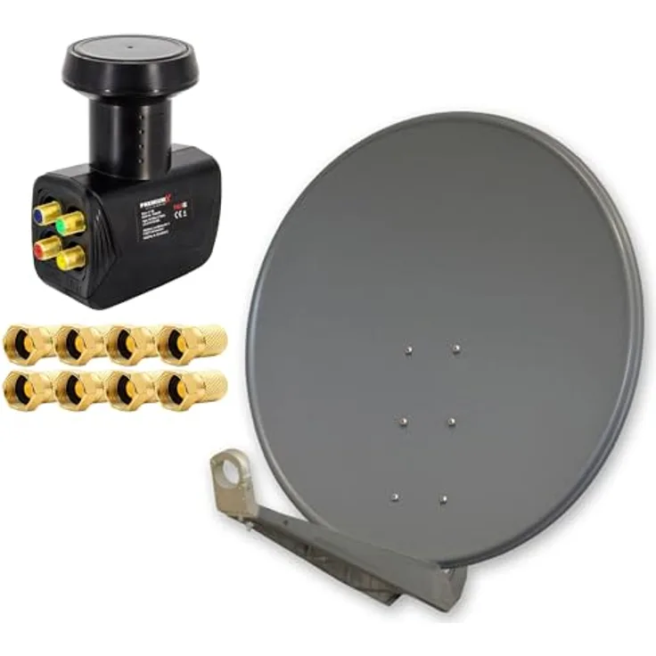PremiumX Deluxe 100 cm Anthrazit Satelliten Antenne mit Quad LNB für 4 Teilnehmer, Alu-Spiegel, Direktschluss mit F-Stecker
