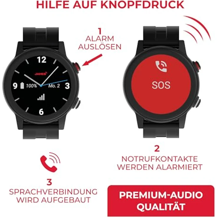 James R9, schwarze Notruf- und Sicherheitsuhr für Senioren mit Sturzerkennung, GPS-Ortung, Schrittzähler und Pulsmesser, inklusive Familien-App und monatlichem SIM-Karten-Tarif – Bild 5