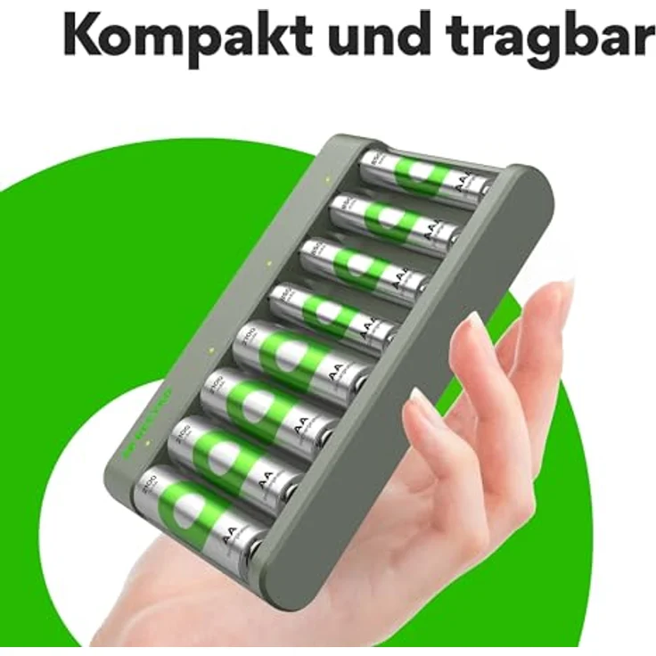 GP RECYKO USB Ladegerät E821, inkl. 4x AA 2100 mAh & 4x AAA 850 mAh Akkus, 8 Steckplätze, Akkustatusüberprüfung, kompakt und tragbar – Bild 4
