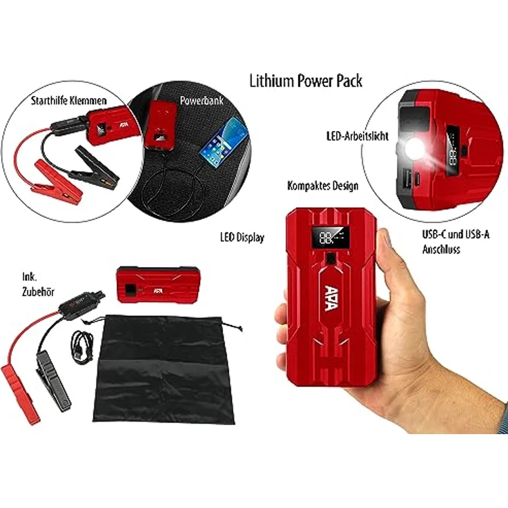 APA Lithium Powerpack 10.000 mAh, Starthilfe 400 A, USB-Anschluss, LED-Leuchte, schwarz – Bild 9