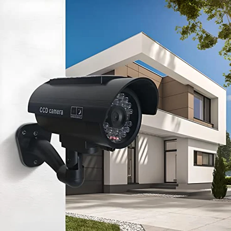 Retoo Security Dummy Kamera Solar Attrappe für Außen und Innen Schwenkbare Drahtlose CCD mit Blinkendem LED Wetterfest Sicherheitskamera Fake Camera Zuhause Büro Überwachung Schwarz – Bild 3