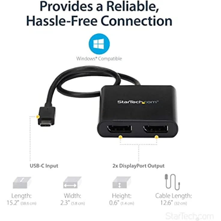 StarTech.com USB-C auf Dual DisplayPort 1.2 Adapter, USB-C Multi-Monitor MST Hub, Dual 4K 30Hz/1080p 60Hz DP Laptop Display Extender / Splitter, extra langes integ. Kabel, nur Windows (MSTCDP122DP) – Bild 5