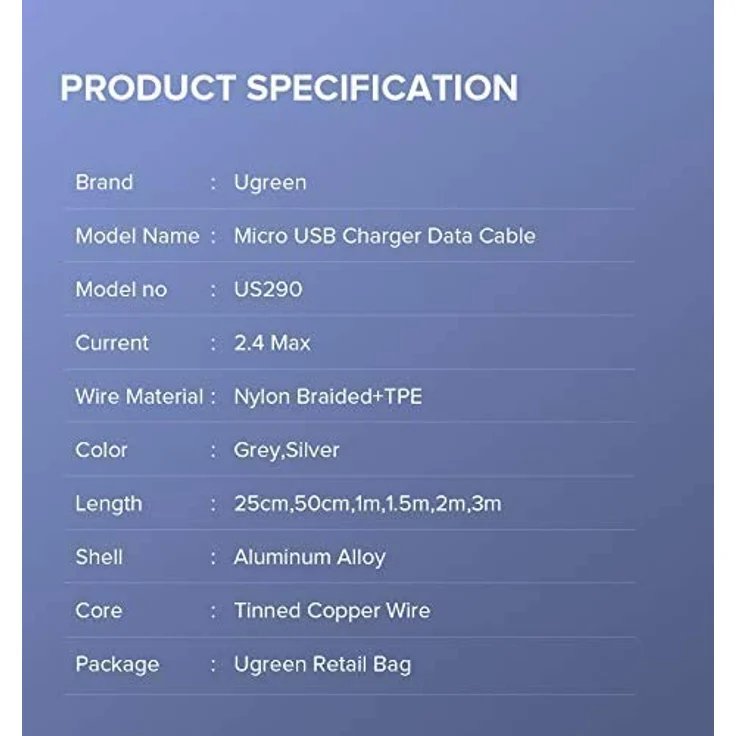 Ugreen USB-A auf Micro-USB Ladekabel 2.4A, 1 Meter, Grau - Schnelles Laden & Datenübertragung, haltbares Nylonmaterial – Bild 6