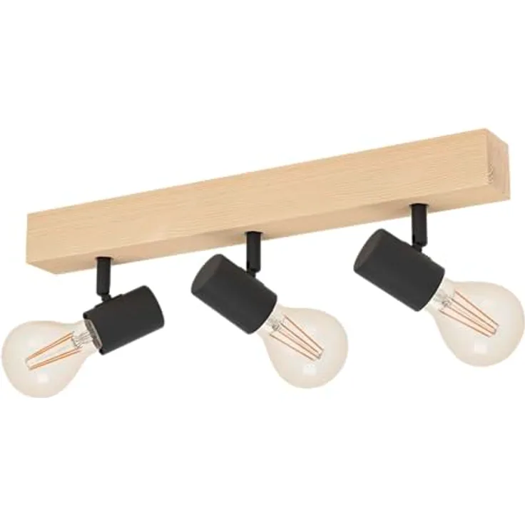 EGLO Deckenlampe Townshend 3, 3 flammiger Vintage Deckenspot im Industrial Design, Retro Lampe aus Stahl und Holz, schwarz, braun, E27 Fassung, FSC zertifiziert