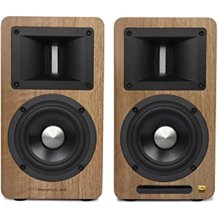 Airpulse EDIFIER AIRPULSE A80 - 2.0 Regallautsprechersystem (100W) mit Bluetooth V5.0 (aptX), Bändchen-Hornhochtöner für präzise und klarste Höhen, vielseitige Anschlussmöglichkeiten, inkl. Fernbedienung, Walnuss-Finish – Bild 5