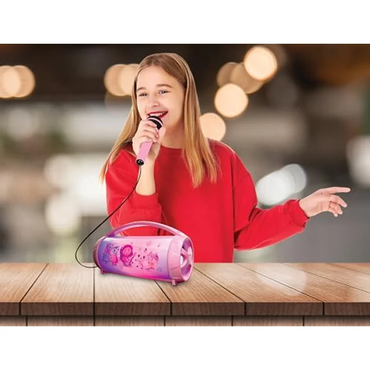 Lexibook Gabby's Dollhouse Bluetooth Light Speaker, tragbarer Lautsprecher mit mehrfarbigen Lichteffekten, Karaoke-Mikrofon und TWS-Stereosound, magisches Haus, pink – Bild 7