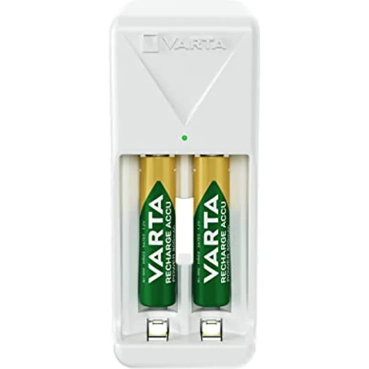 Varta Akku Ladegerät, inkl. 2X AAA 800mAh, Batterieladegerät für wiederaufladbare Batterien, lädt 2 AA/AAA gleichzeitig, Mini Charger, weiß