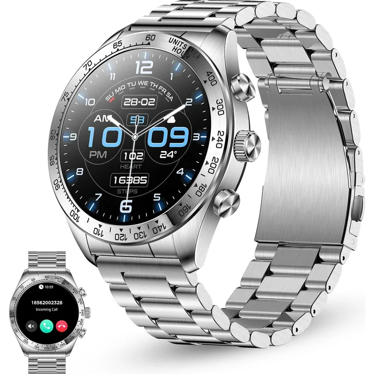 KSIX BXSW32P, Smartwatch 46 mm mit AMOLED-Display, IP67 wasserdicht, Edelstahlarmband, Bluetooth, 400 mAh Akku
