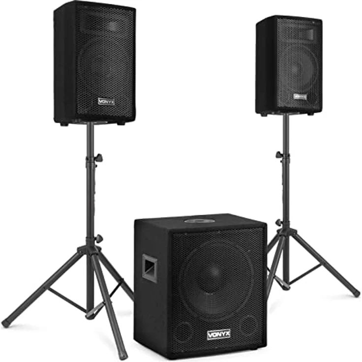 Vonyx VX0812BT, PA Anlage Komplettset mit aktivem Subwoofer, 2 passiven 8 Zoll Hochtönern, 800 Watt, Bluetooth, MP3 Player, USB, SD, Mikrofonanschluss, inkl. Boxenständer, mobiles DJ System – Bild 1