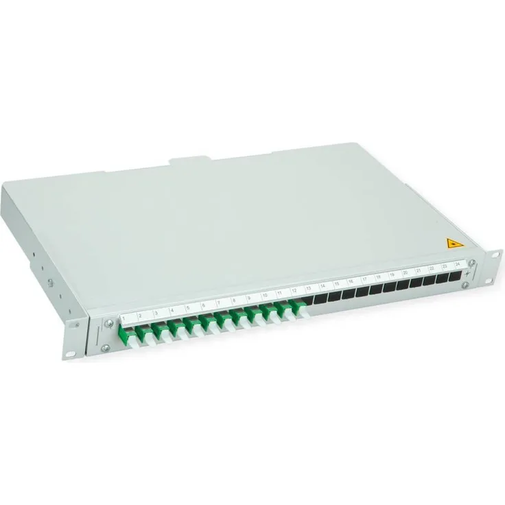 Telegärtner BASIS V LWL-Panel, 12x E2000 Kupplungen, spleißfertig mit Pigtails, OS2 APC grün