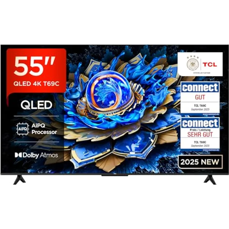 TCL 55T69C 55 Zoll QLED Direct LED TV, 4K HDR Smart Google TV mit Dolby Vision & Atmos, Game Master und Motion Clarity, kompatibel mit Google Assistant & Alexa – Bild 1