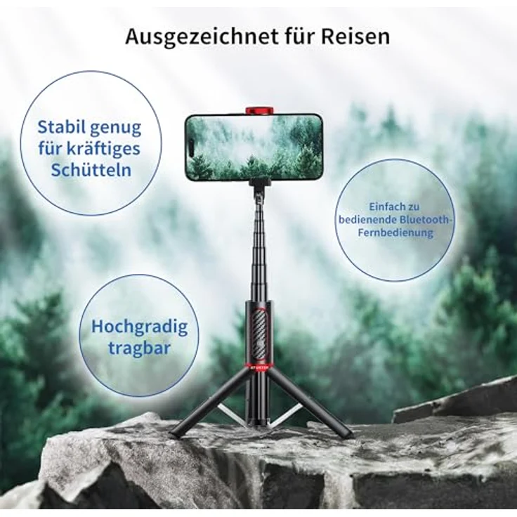 ATUMTEK Selfie Stick Stativ, 3-in-1 Aluminium Handy Stativ mit Bluetooth-Fernbedienung, kompatibel mit iPhone 17/16/15/14/13/12 mini/11 Pro und Samsung Smartphones, Rot – Bild 5