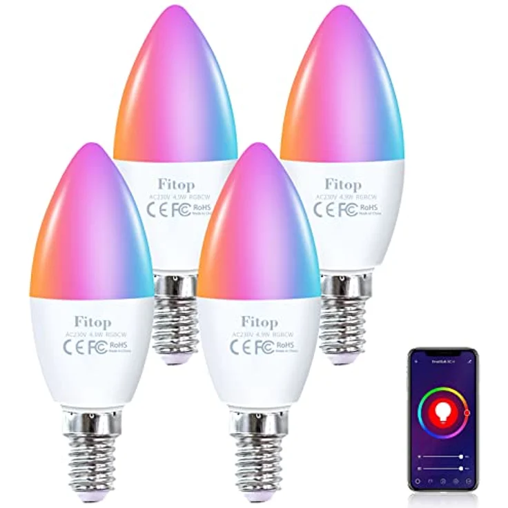 Fitop Alexa Smart Glühbirnen, E14 Wlan LED Lampen Dimmbar Glühbirne 4.9W 470Lm+2700-6500K+RGB 16 Millionen Farben, App Steuern Kompatibel mit Alexa/Google Home, Sprachsteuerung 4 Pack – Bild 1