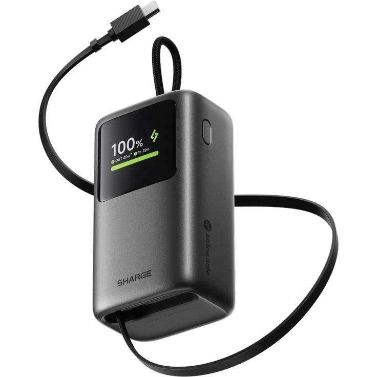 Sharge HyperTower Powerbank 10000 mAh Grau – 45W USB-C Power Bank mit ausziehbarem Kabel und digitalem Display