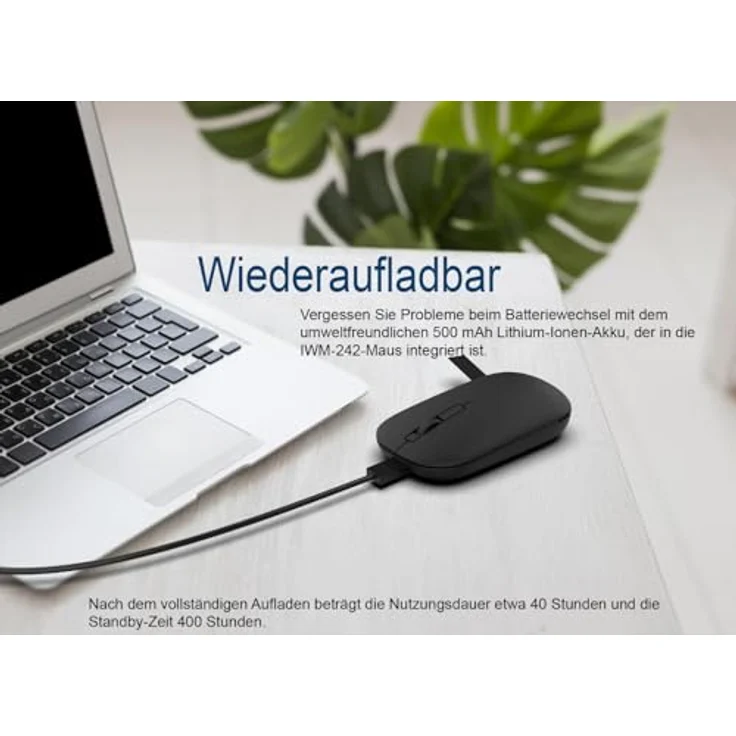 İnca Kabellos Maus IWM-242S, Bluetooth-Funkmaus mit 800/1200/1600 DPI, ergonomisch und leise, wiederaufladbarer Akku, schwarz – Bild 2