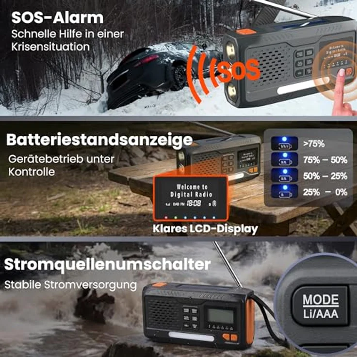 Extralink BT-4000 Notfallradio, Bluetooth Solar mit Kurbel, 4000 mAh Powerbank, FM/DAB, Taschenlampe und SOS-Alarm – Bild 5